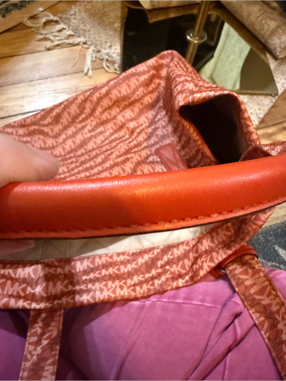 Michael Kors Coral-Red MK Logo Tote with Gold Accent - Picture 6 of 16